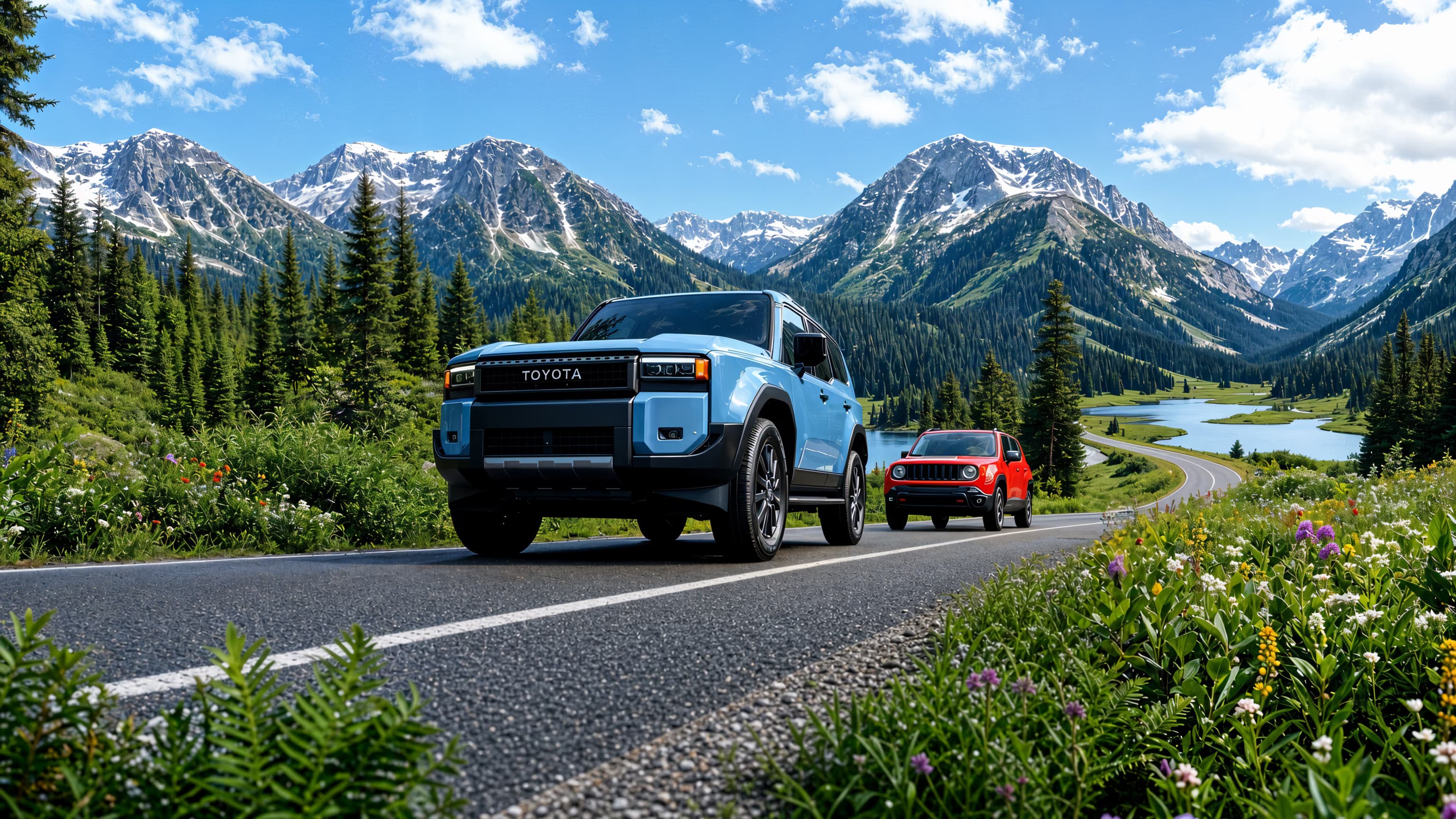 Rental SUVs on a mountain road in Georgia with the Caucasus behind